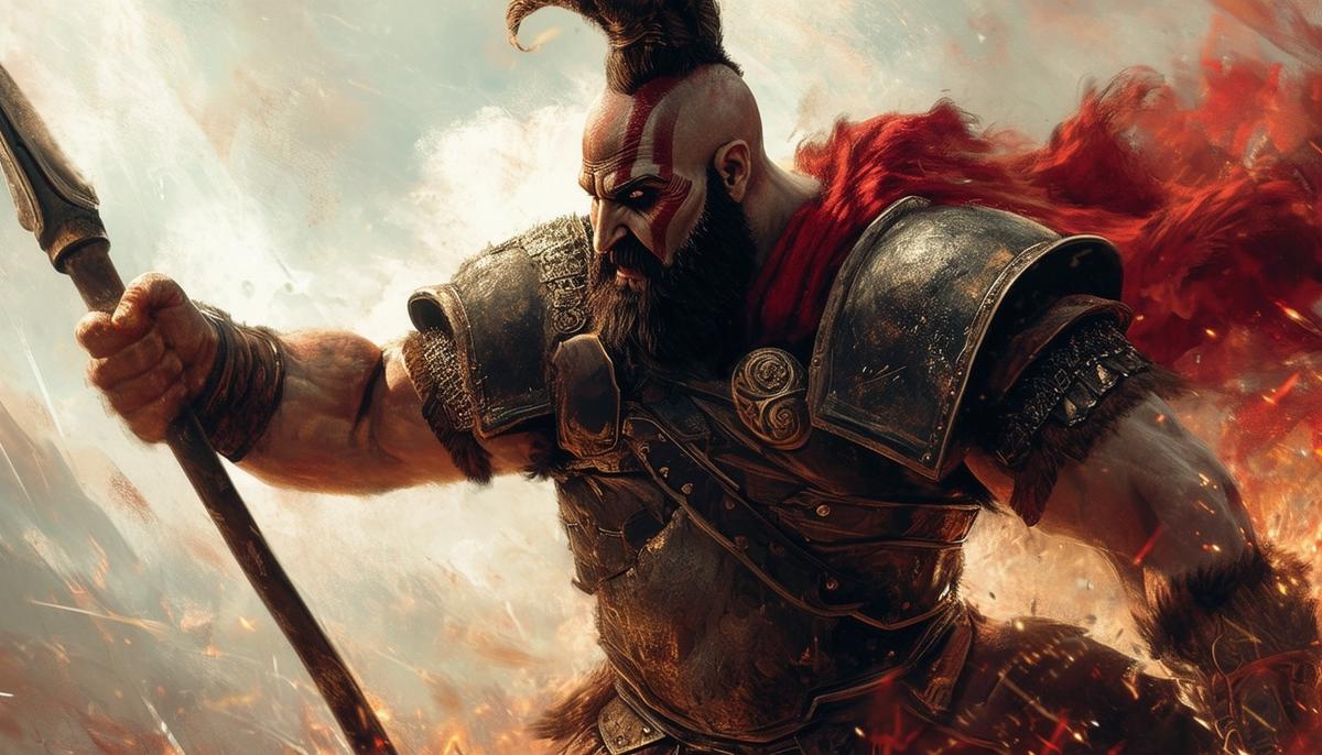 A fierce portrayal of Ares, the god of war, clad in battle armor and brandishing a spear, personifying the chaos and brutality of conflict.
