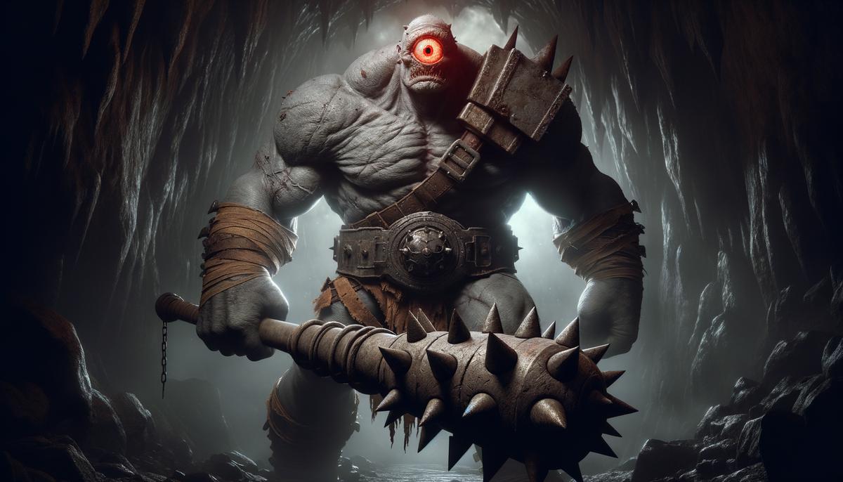 A fierce, towering cyclops with one glowing eye, holding a massive club and guarding the entrance to a cave in a fantasy video game.