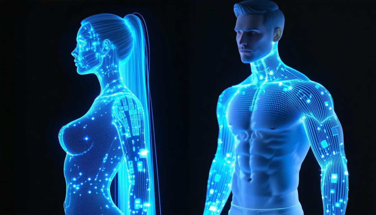 A figure transforming from female to male with glowing invulnerable skin