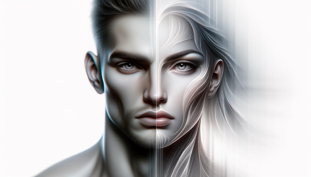 A figure transforming from male to female, with both masculine and feminine features blending together