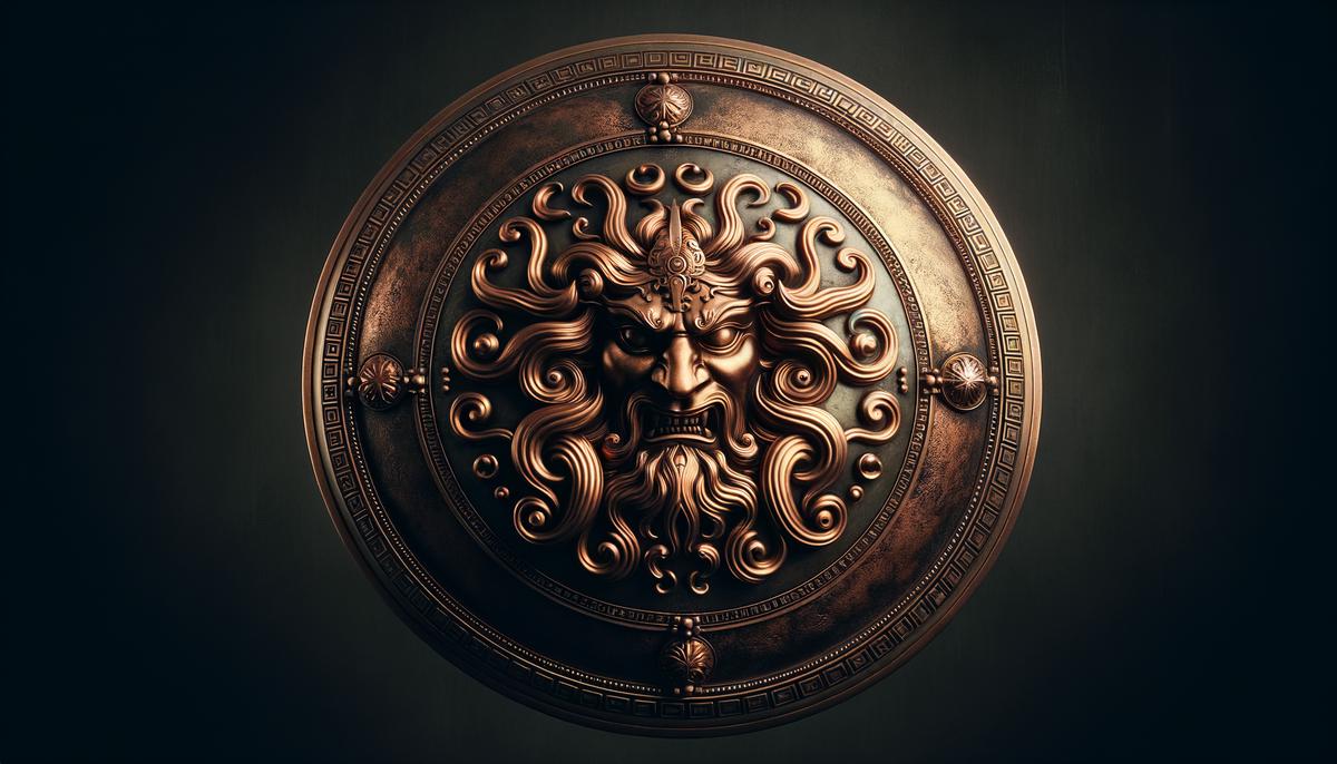 A gleaming bronze shield with the terrifying face of a Gorgon embossed on its surface