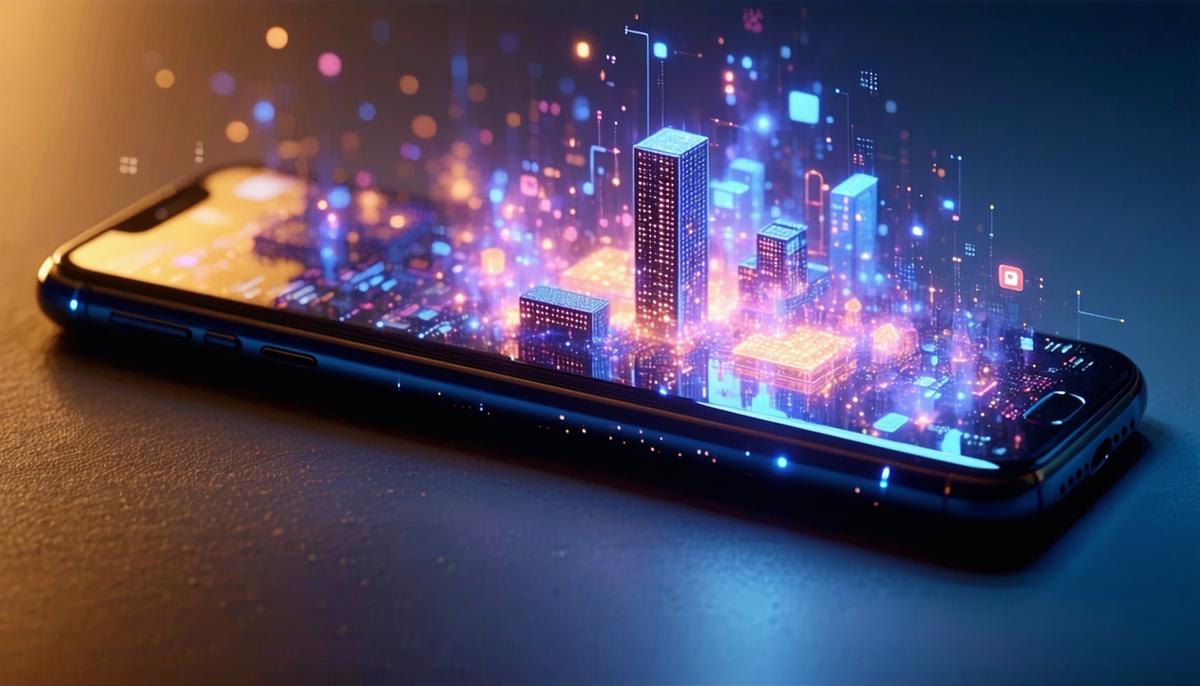 A glowing smartphone releasing a mix of positive and negative digital elements
