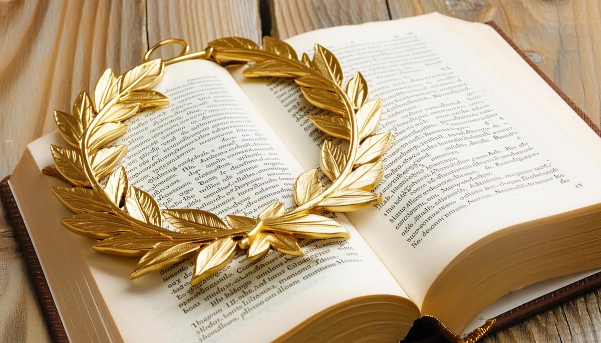 A golden laurel wreath resting on an open book of poetry during a competition