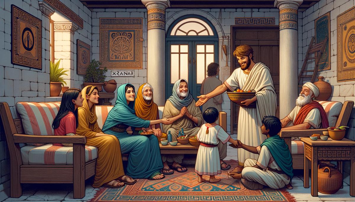 A Greek household welcoming a stranger with food and shelter, symbolizing xenia