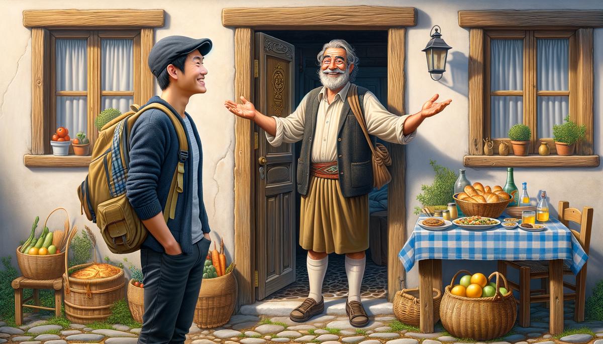 A Greek villager warmly inviting a lost tourist into their home for a meal