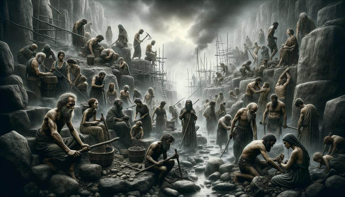 A gritty scene depicting the hardships of the Iron Age in Greek mythology