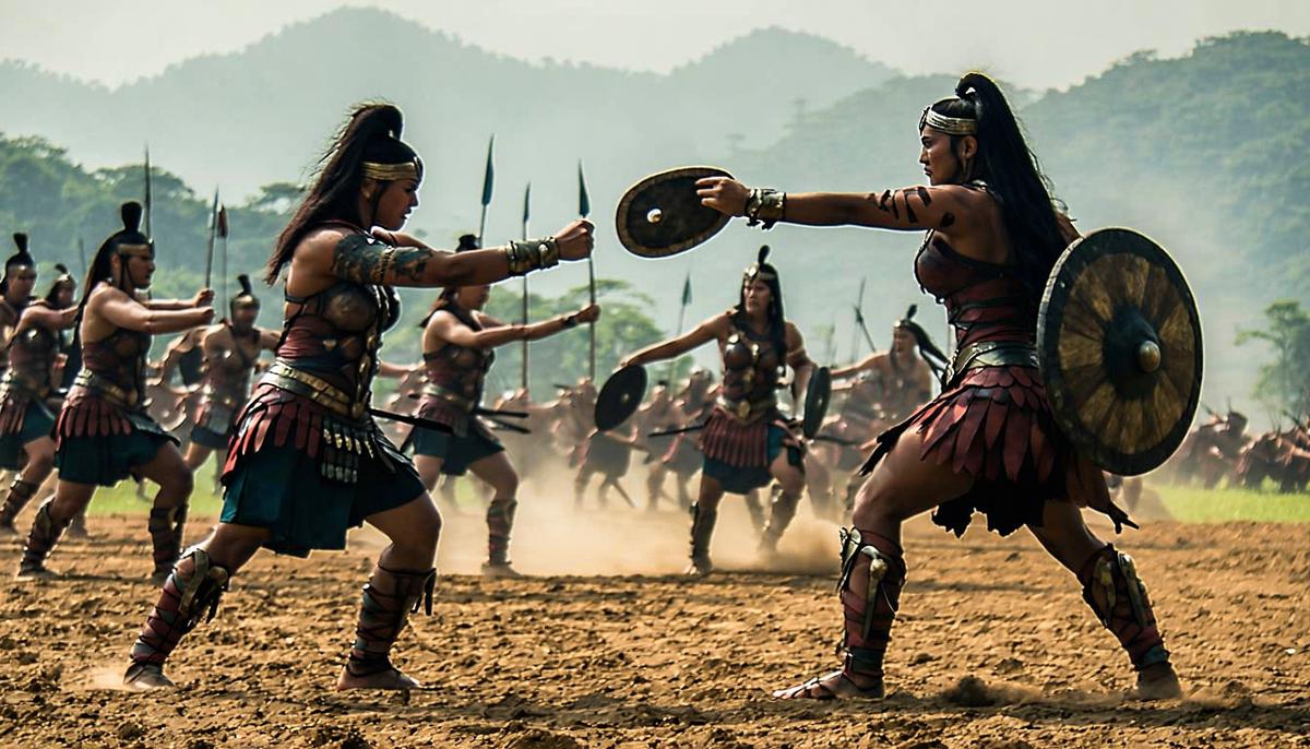 A group of Amazon warriors engaged in intense combat training, showcasing their skill and strength