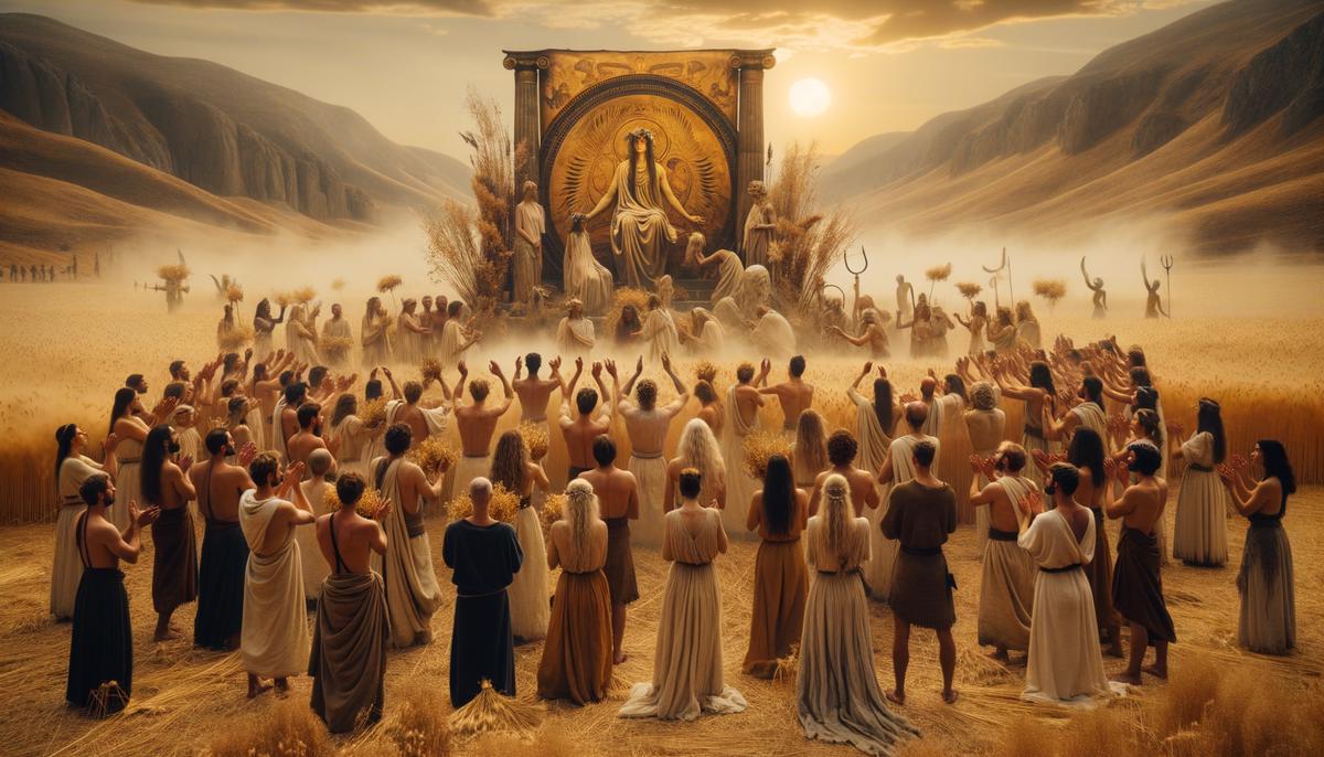 A group of ancient Greeks participating in the Eleusinian Mysteries, with symbolic representations of Persephone's journey