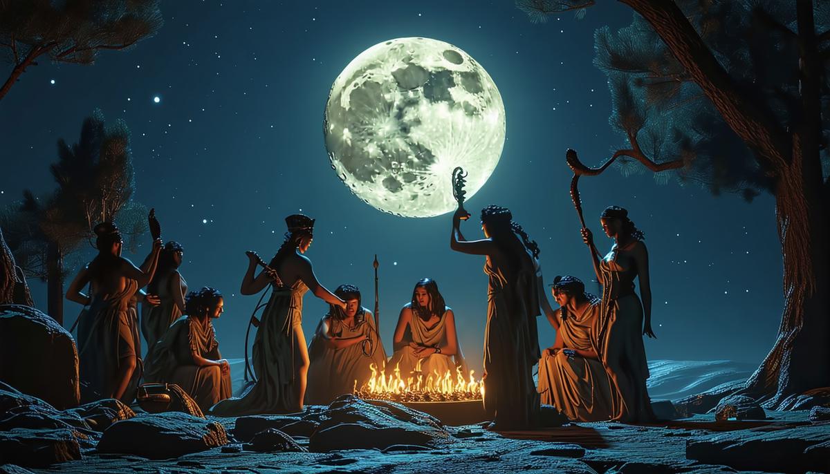 A group of ancient Greeks performing Hecate's Night Ritual under the full moon