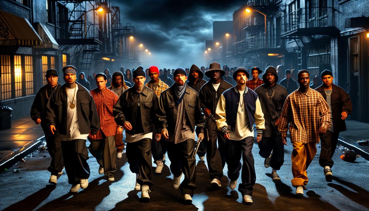 A group of costumed gang members from The Warriors movie running through gritty New York City streets at night
