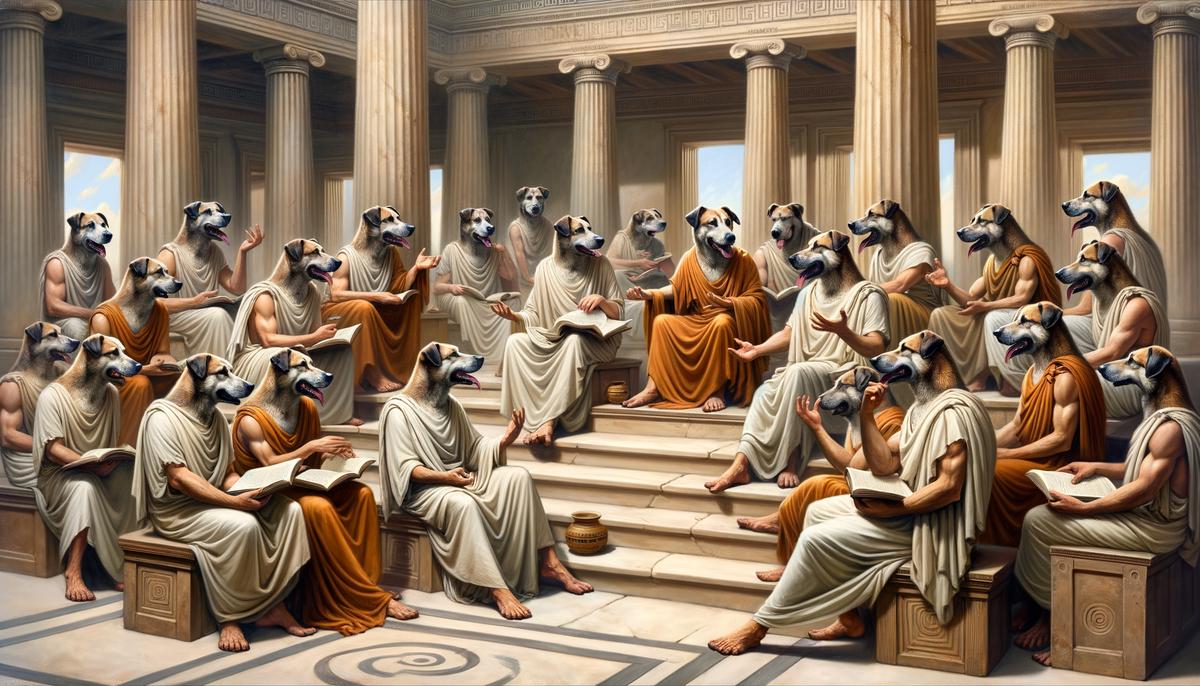 A group of dog-headed Cynocephali engaged in a philosophical discussion
