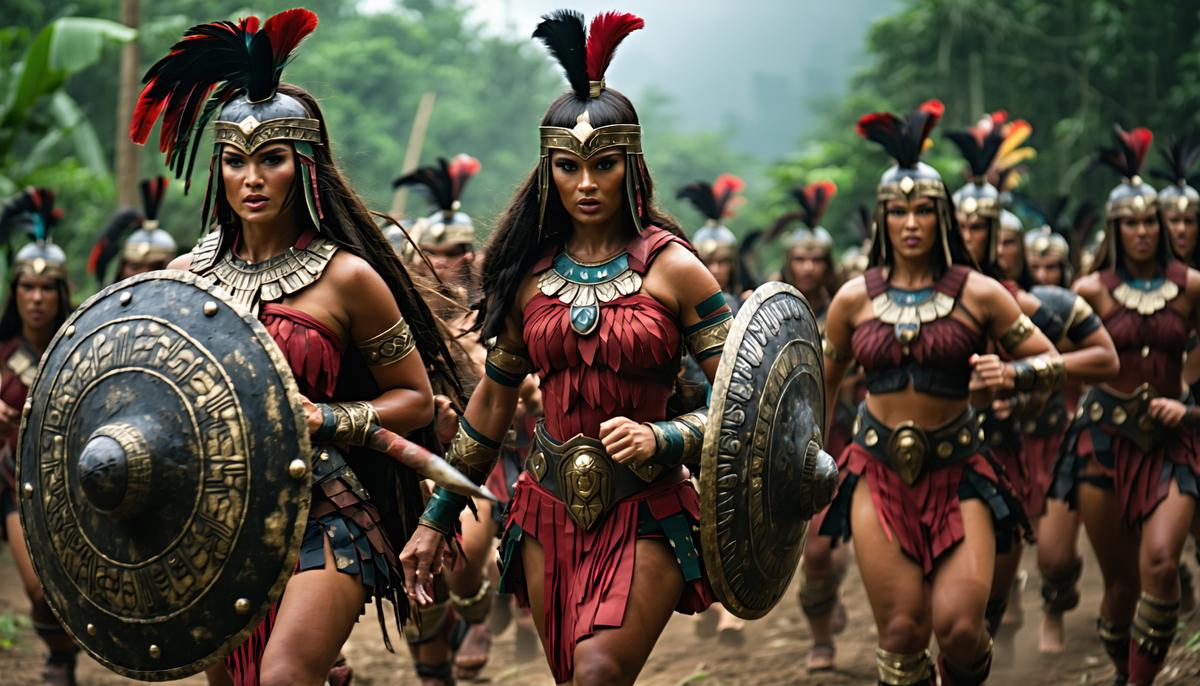 A group of fierce Amazon warriors engaged in battle, showcasing their strength and skill