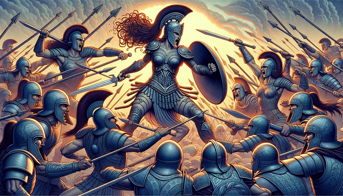 A group of fierce Amazonian warriors, including Eurypyle, battling against male Greek soldiers, representing the counter-narrative to patriarchal tales in Greek mythology.