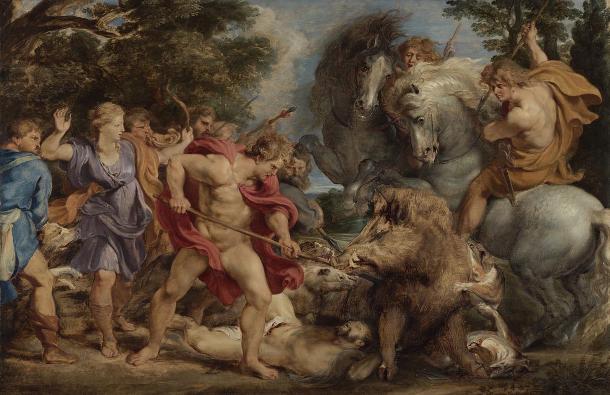 A group of Greek heroes, including Meleager and Atalanta, pursuing the monstrous Calydonian Boar through a forest