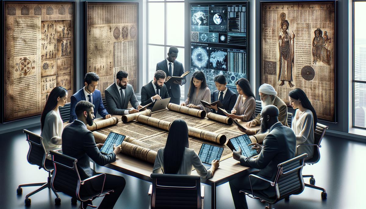 A group of people in a boardroom looking at both ancient prophecies and modern data projections