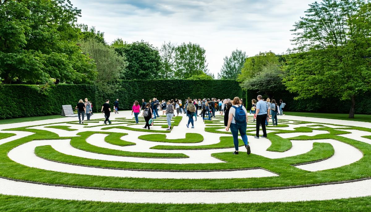 A group of people walking a large outdoor labyrinth for therapeutic purposes