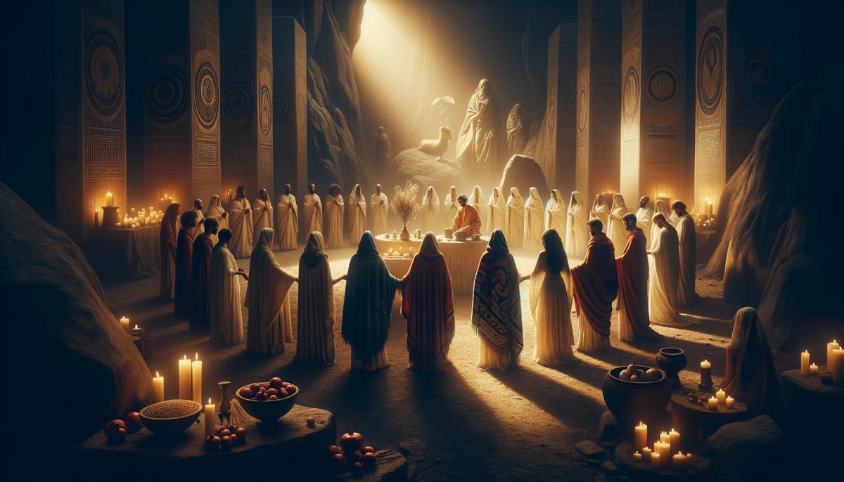 A group of robed figures performing a secretive ritual in a torch-lit cavern, with symbols of Demeter and Persephone visible