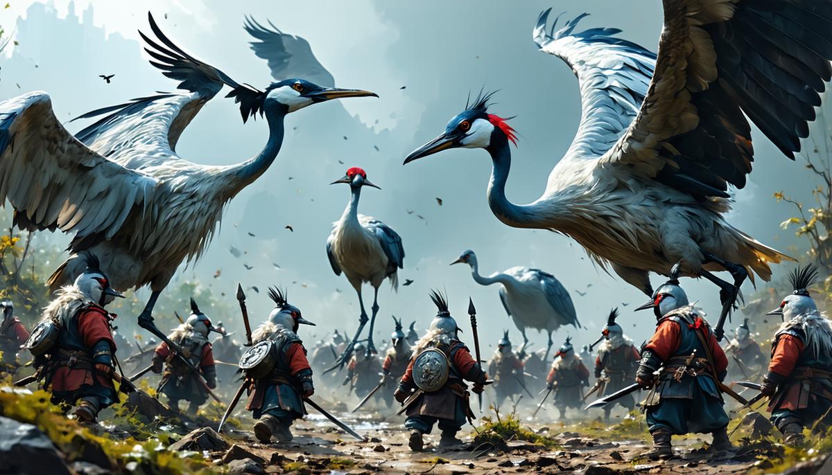 A group of tiny Pygmy warriors courageously battling against giant cranes