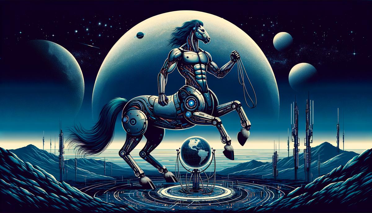 A half-human, half-robotic centaur guarding an alien artifact