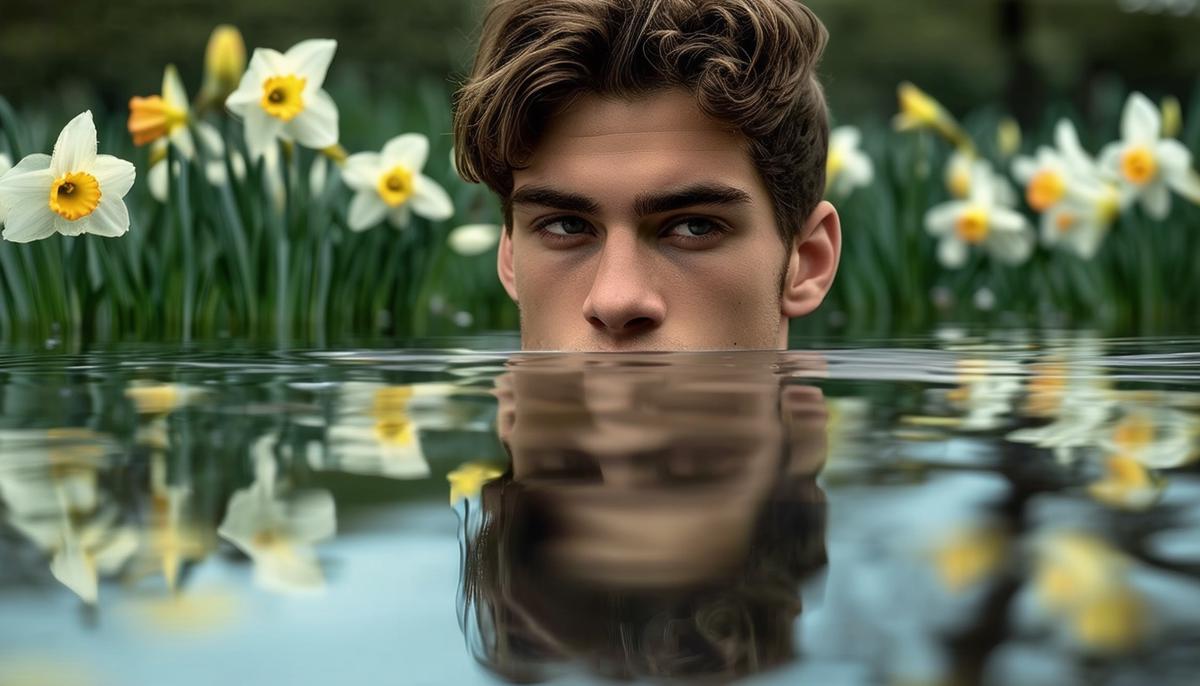 A handsome young man gazing at his reflection in a pool, with narcissus flowers growing around the water's edge