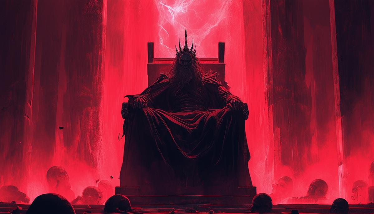 A haunting portrayal of Hades, the god of the underworld, seated on his throne amidst the shadowy realm of the dead.
