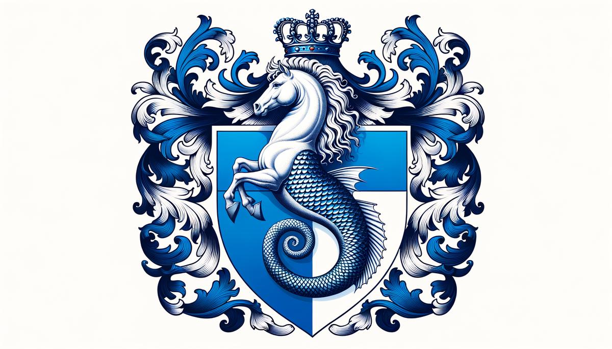 A heraldic coat of arms featuring a regal hippocampus, symbolizing maritime strength and prowess
