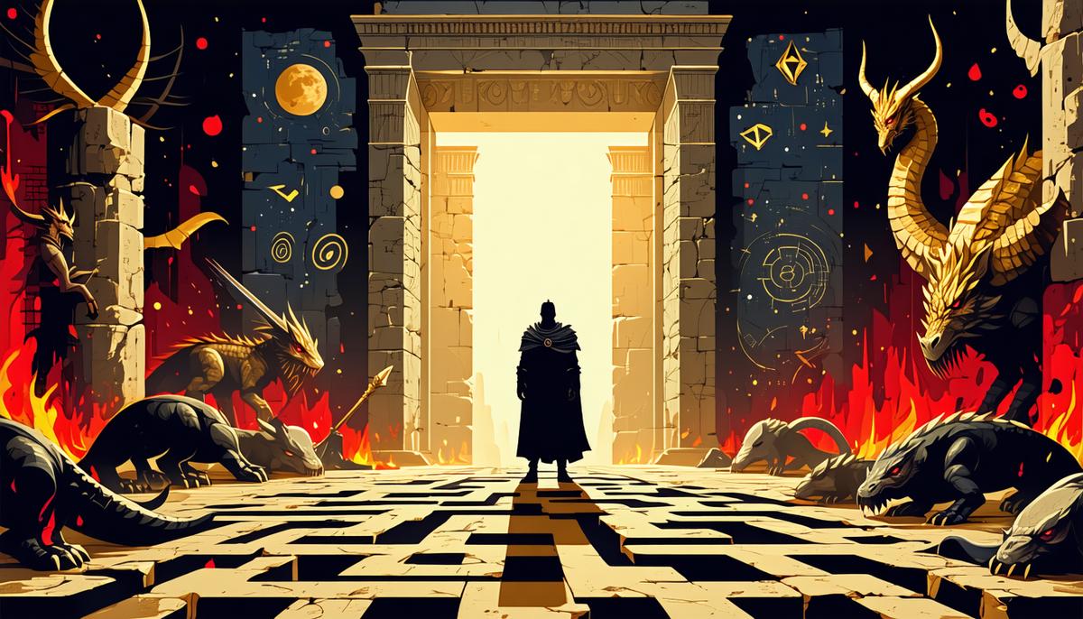 A hero figure standing at the entrance of a labyrinth with mythological creatures and psychological symbols visible within