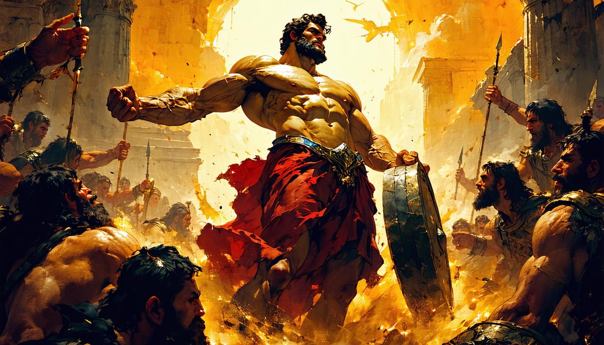 A heroic portrayal of Hercules completing his twelve labors, showcasing his incredible strength and determination