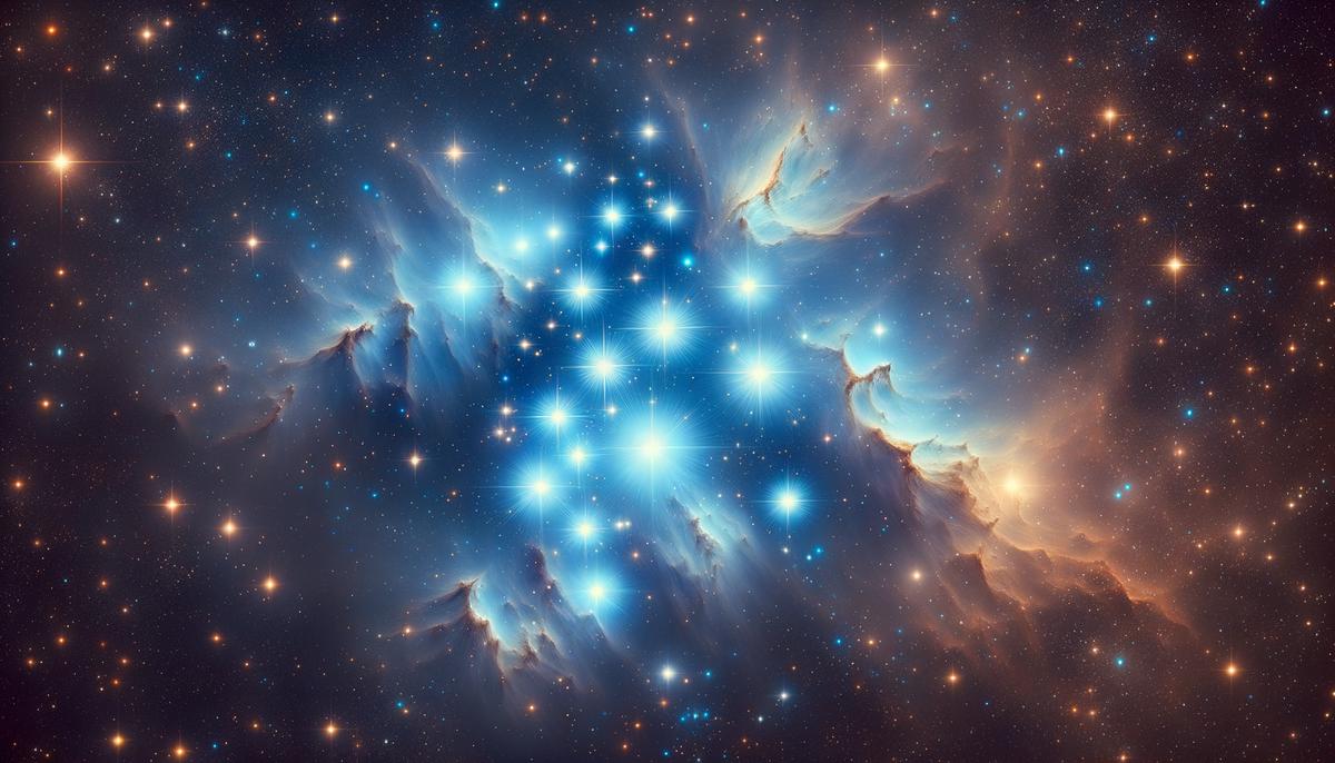 A high-resolution photograph of the Pleiades star cluster, showcasing its hot, blue stars and distinct appearance in the night sky.