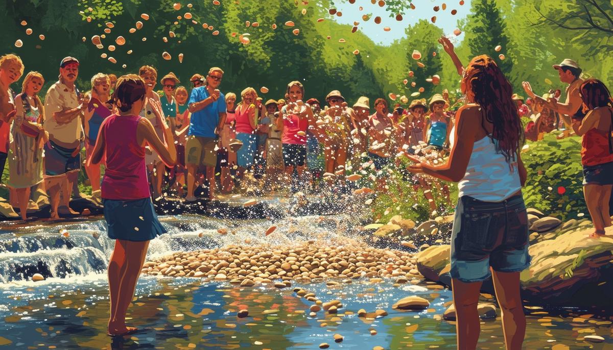 A joyful photograph of people gathered by a stream, tossing pebbles into the water during the Festival of Chunky Pebbles, a celebration in honor of Lina