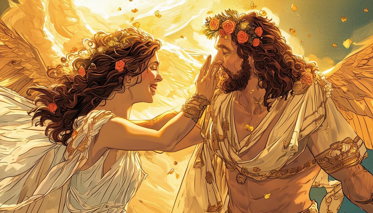 A joyous scene of Ariadne and Dionysus celebrating their divine wedding, representing Ariadne's triumph over heartbreak and her ascension to a goddess.
