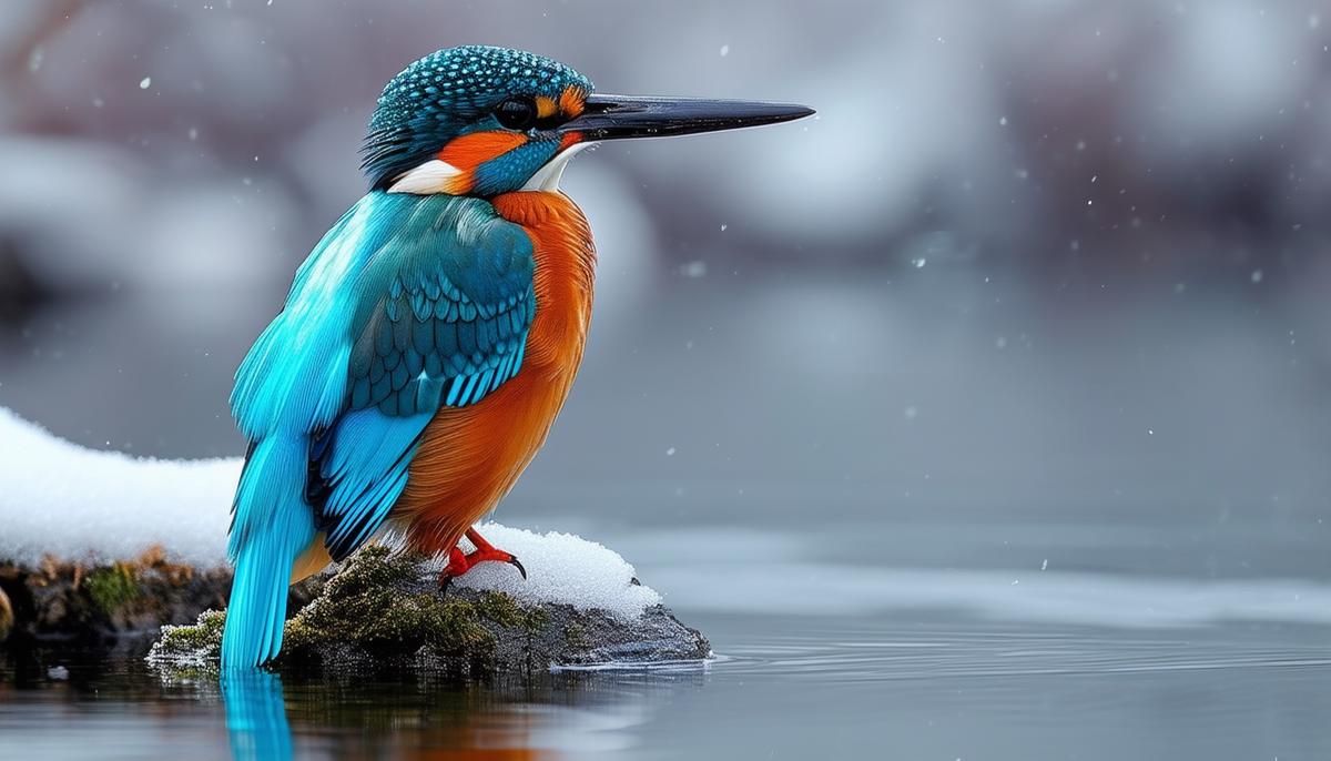 A kingfisher, the symbol associated with Alcyone, perched calmly over still winter waters during the 'halcyon days'.