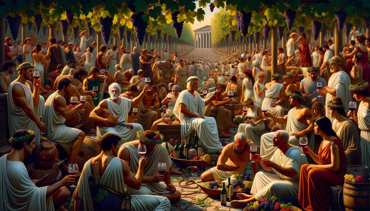 A lively Dionysian festival scene with wine-drinking, artistic performances, and athletic competitions
