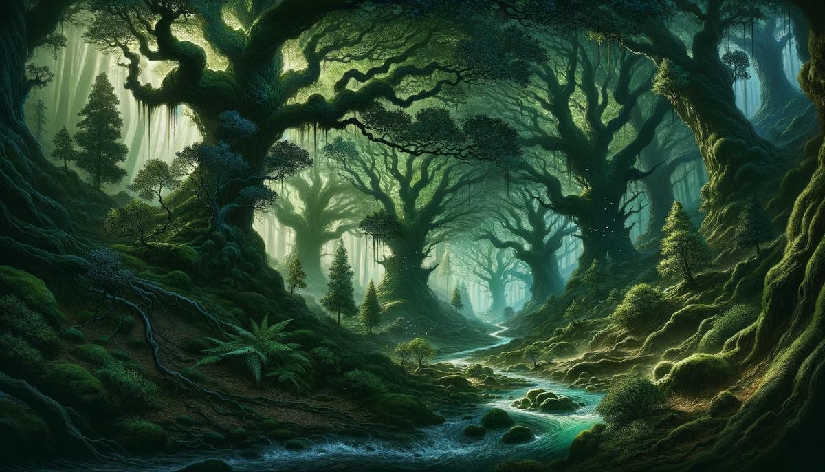 A lush, ancient forest that is Toxaris' realm, with whispering leaves and murmuring streams