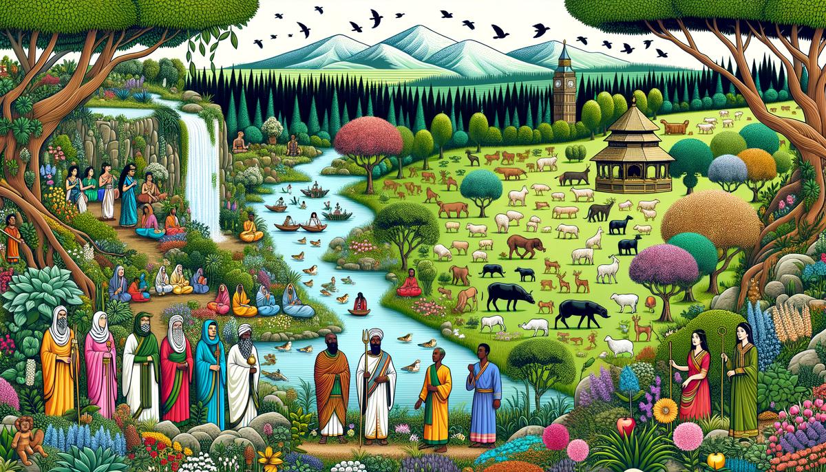 A lush paradise with humans and gods coexisting, surrounded by abundant nature and eternal spring