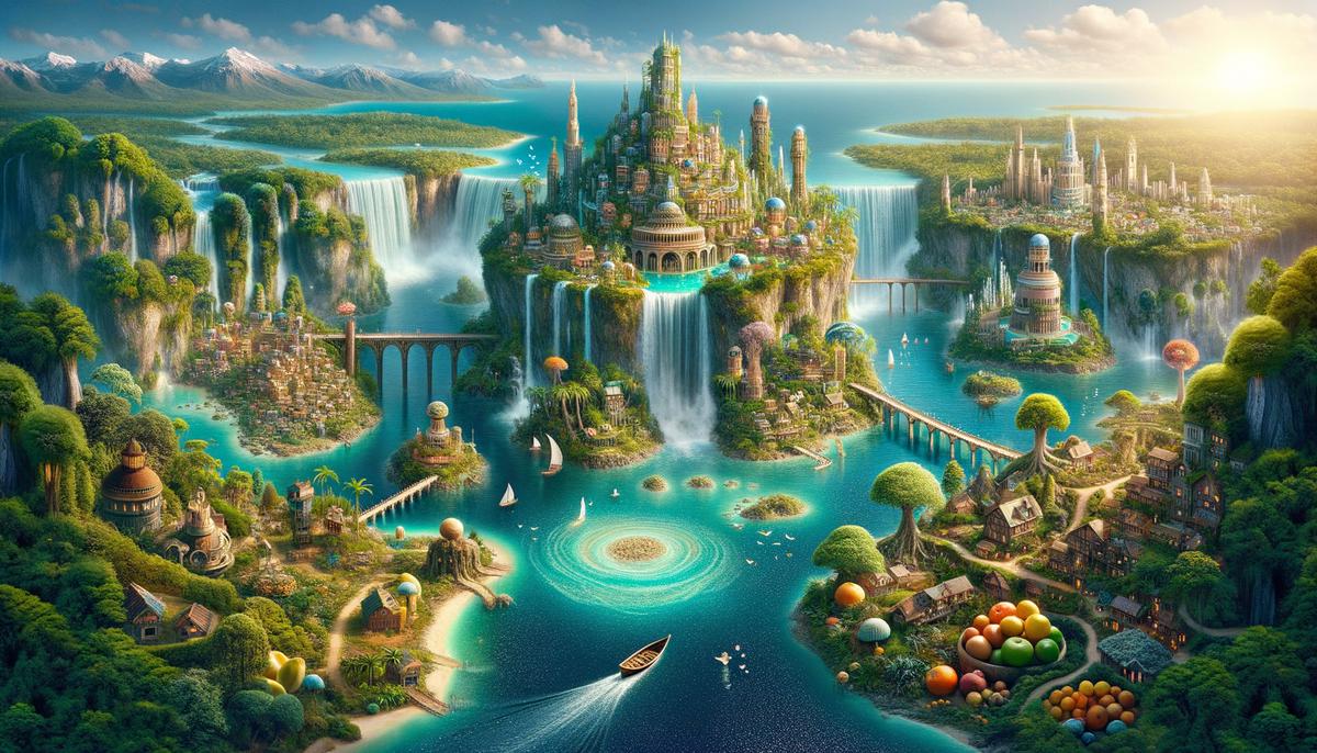 A lush, paradisiacal island with seven distinct cities visible, representing Saint Brendan's Isle