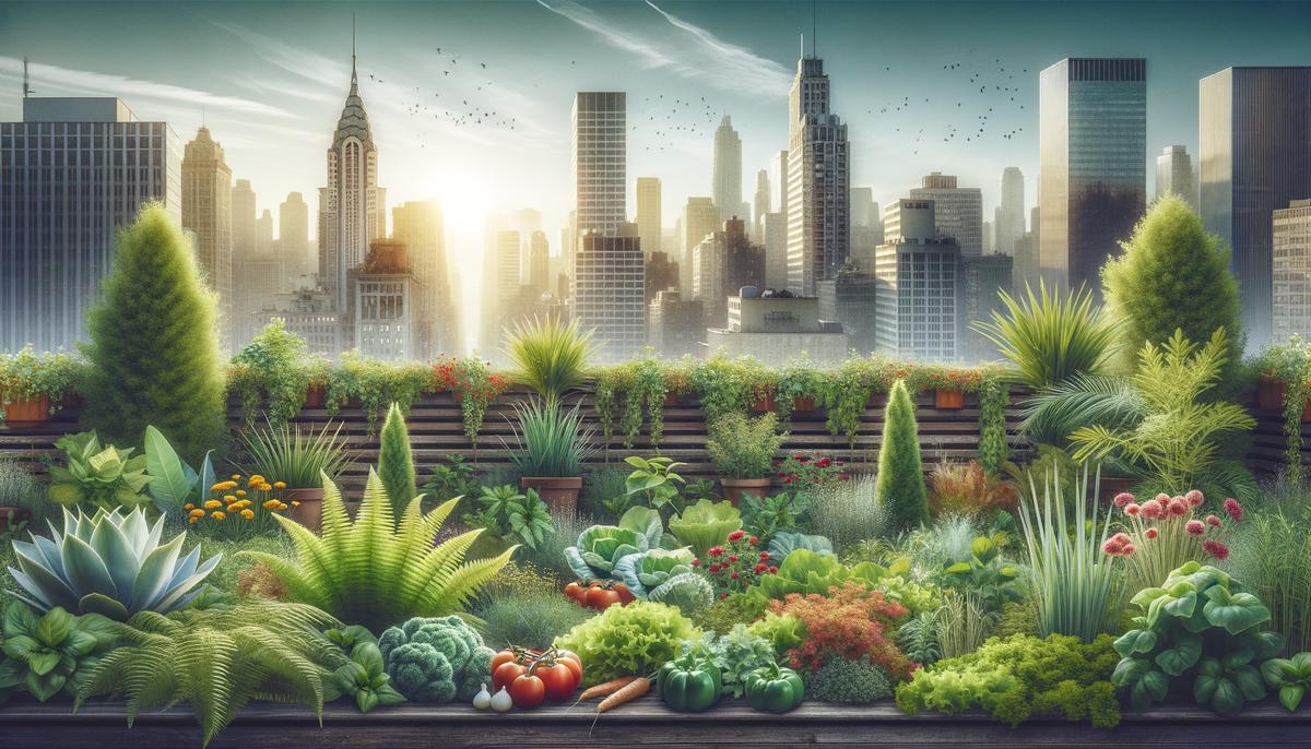 A lush rooftop urban garden filled with plants and flowers, with city skyscrapers in the background