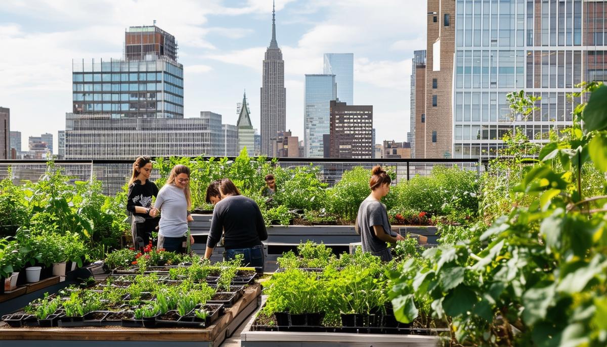 A lush urban garden on a city rooftop, where office workers gather to tend plants and connect with nature and each other.