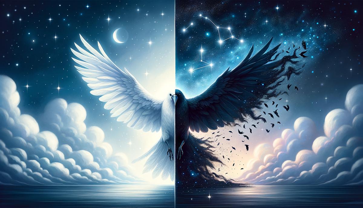 A magical scene depicting the transformation of a white crow into the black Corvus constellation in the night sky.