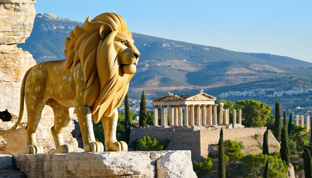 A majestic golden-furred lion with an impenetrable hide standing proudly on a cliff overlooking ancient Nemea