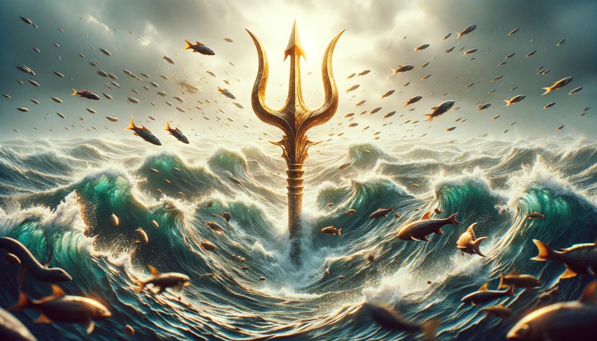 A majestic golden trident emerging from turbulent ocean waves, with sea creatures visible in the background