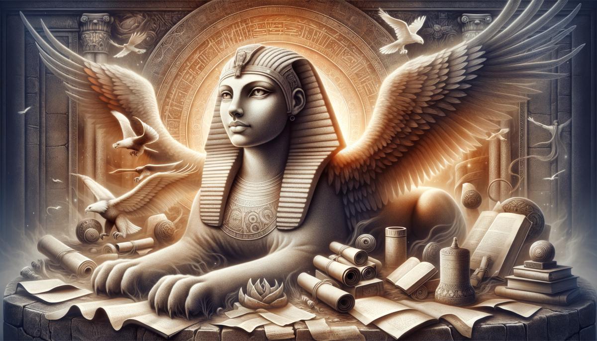 A majestic Sphinx with a wise woman's face, surrounded by ancient scrolls and modern books