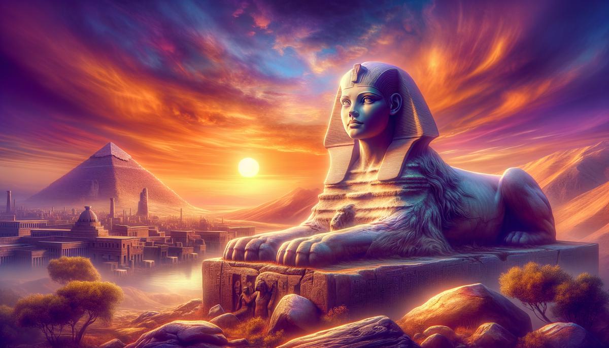 A majestic sphinx with a woman's head and lion's body perched on a rocky outcrop overlooking the ancient city of Thebes