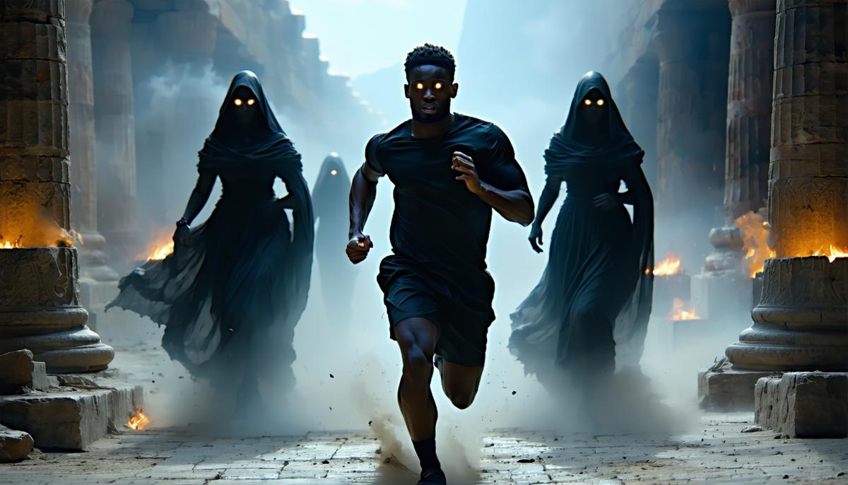 A man running in terror while three shadowy female figures with glowing eyes pursue him through a misty, ancient Greek setting