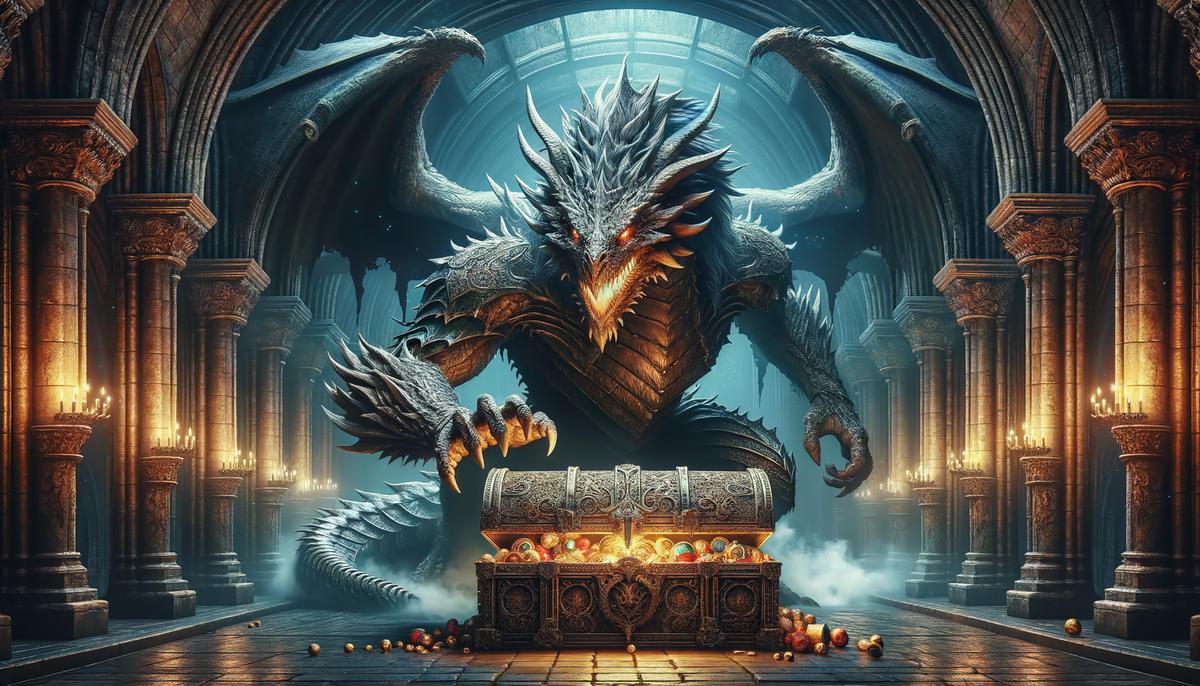 A massive dragon guarding a treasure chest in a video game