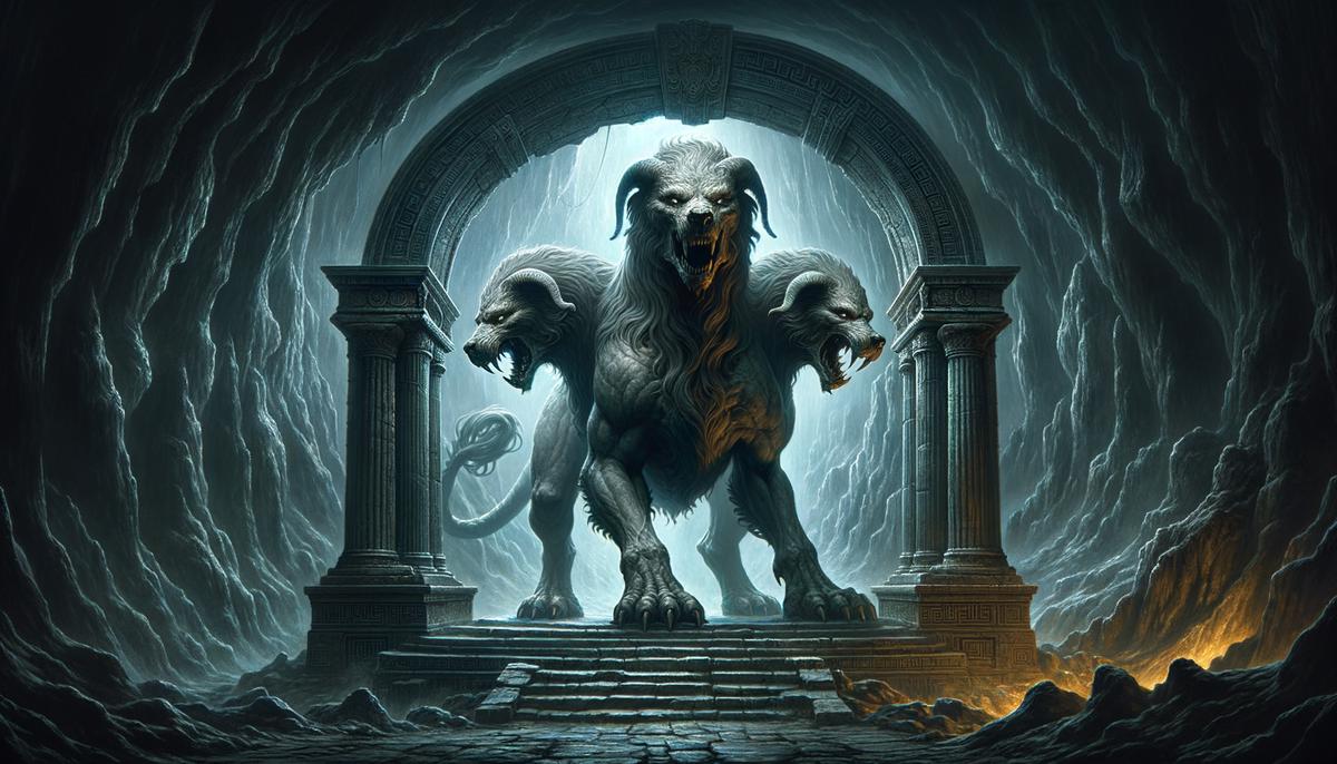 A massive, three-headed dog with a serpent's tail stands guard at the entrance to the Underworld, its eyes glowing menacingly in the darkness.