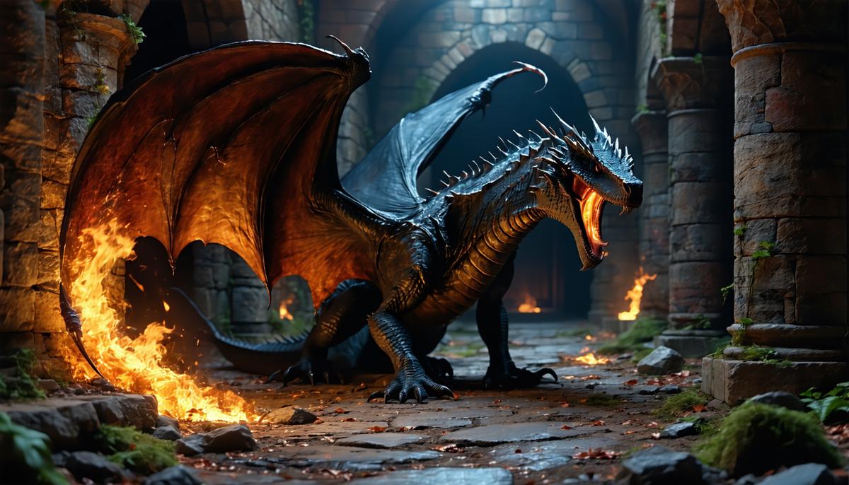 A menacing Basilisk with leathery wings and fiery breath, lurking in the shadows of an ancient castle corridor