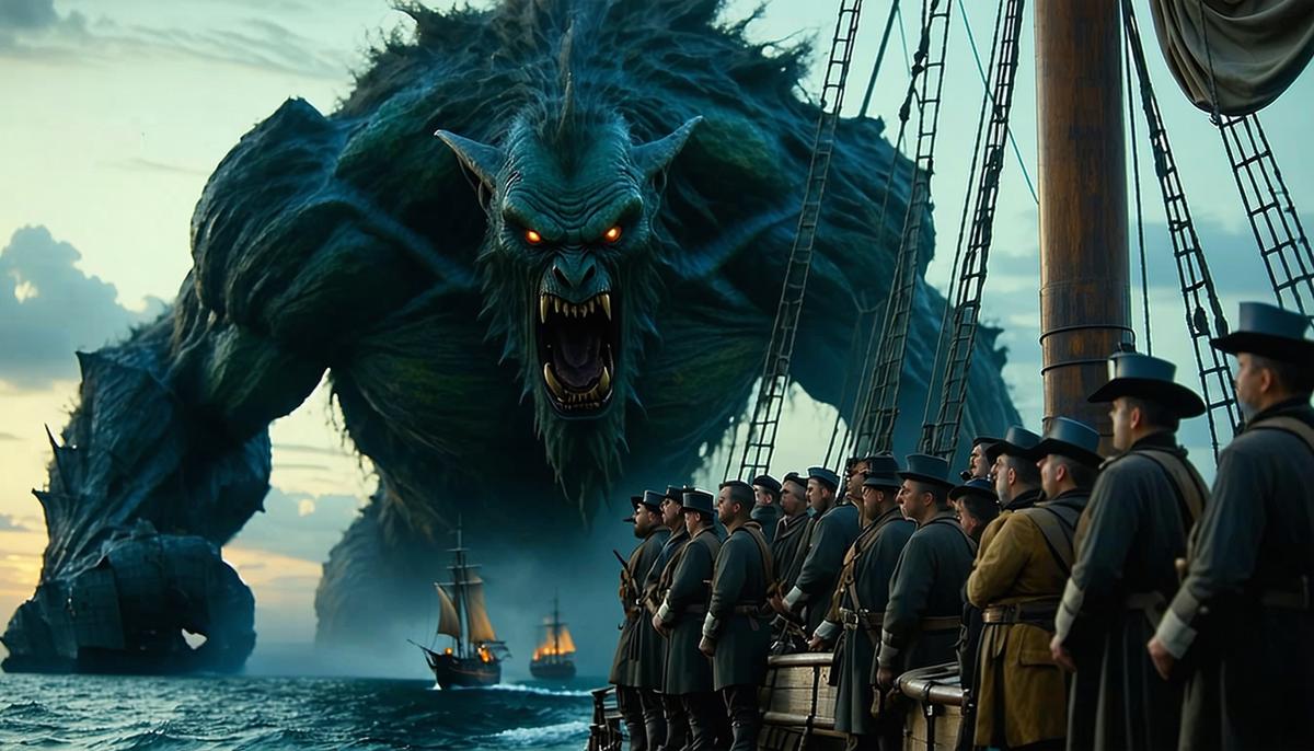 A menacing giant peering over a ship with terrified sailors