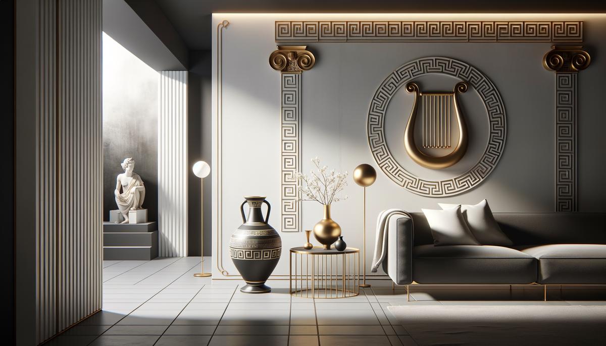 A minimalist modern interior contrasted with ancient Greek symbols