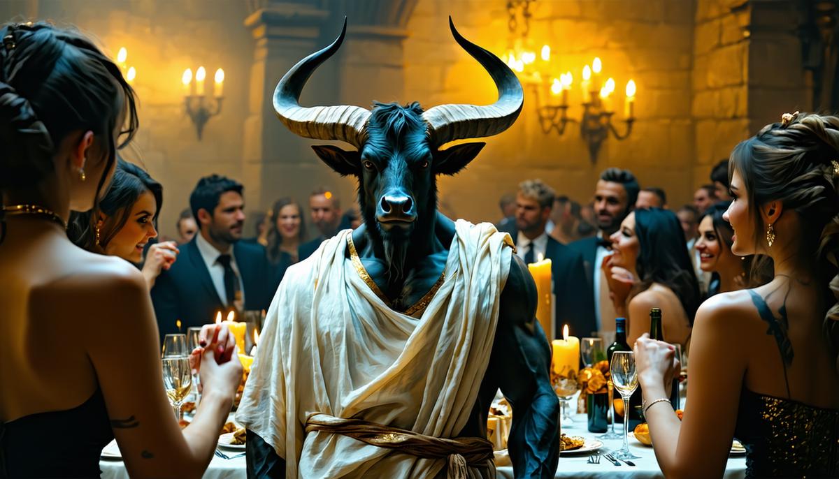A Minotaur awkwardly dressed in a toga at a formal dinner party